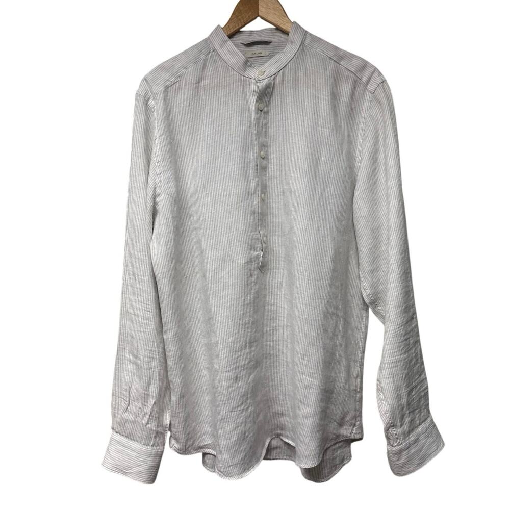 Suitsupply Men 42 x 16.5 Slim Fit 100% Linen Gray Stripe Band Collar Shirt